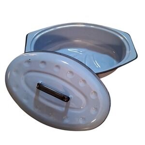 Vtg Blue Oval Country Farmhouse 13"L Enamelware Roasting Pan  Roaster & Lid RARE